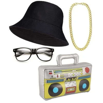 Image of Mega_JumbleSale® Adult Gangster Pimp 80&#039;s Hip Hop Rockstar Fancy Dress Costume Set Inflatable Boom Box, Black Hat, Glasses &amp; Gold Chain Gatsby Gangsta Mob Outfits