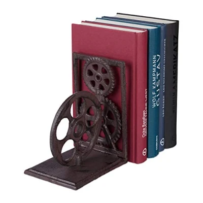 Image of Relaxdays Retro Bookend, Cast Iron, Book Support, Gears, Reel, Decor HxWxD: 16 x 13 10 cm, Brown