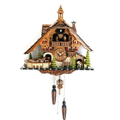 Image of CLOCKVILLA HETTICH UHREN Black Forest Cuckoo Clock House Quartz Movable Railway Train Music