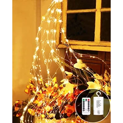 Image of Joysing Fairy Lights, 1 m, 100 LED Battery Operated with Remote Control, 8 Modes, Waterfall, Waterproof Christmas Lighting for Indoor Outdoor Garden Decoration, Warm White