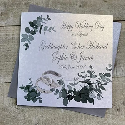 Image of WHITE COTTON CARDS PERSONALISED WEDDING CARD. ANY RELATION. GODDAUGHTER &amp; HUSBAND. RINGS GREENERY DESIGN. Handmade (P20 65 GODD XP20 GODD)