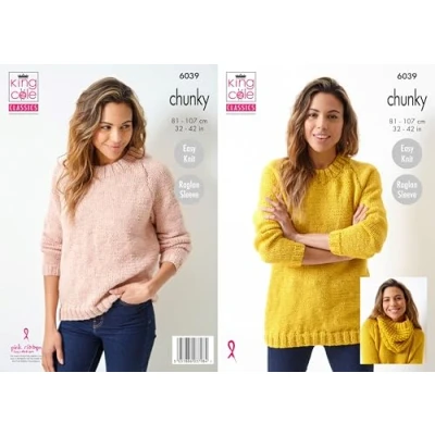 Image of King Cole Chunky Knitting Pattern 6039 Ladies Sweaters &amp; Cowl