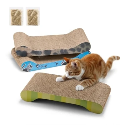 Image of Milo &amp; Misty Cat Scratching Boards Cardboard Scratcher Pack of 3 with Catnip, Scratchers for Indoor Cats, Durable Lounger 48x22x7cm
