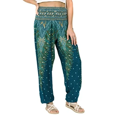 Image of Lofbaz Harem Pants for Women Yoga Boho Hippie Clothing Womens Palazzo Bohemian Pajama Trousers Beach Indian Gypsy Genie Clothes Peacock 1 Teal Green XL