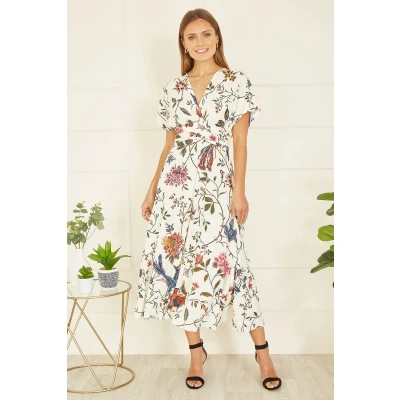 Image of Yumi Ivory Bird and Floral Print Ruched Waist Kimono Midi Dress 10 White