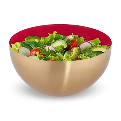 Image of Serving Bowl, Stainless Steel, 3.5 l, Round, Metal, for Salad &amp; Snacks, Baking Mixing, ø 25 cm, Red/Gold Relaxdays