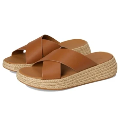 Image of Fitflop Women&#039;s F Mode Espadrille Leather Flatform Cross Slides Sandal, Deep Tan, 8 UK