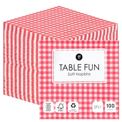 Image of Talking Tables 100 x Bulk Pack Soft Red Checkered Gingham Paper Napkin, Disposable Party Serviettes for Birthday, Christmas, Wedding, Catering, Picnics, BBQ Tableware, Recyclable Made in EU 2ply 33cm