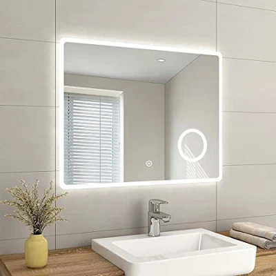 Image of EMKE LED Bathroom Vanity Mirror Thin Wall Mounted Makeup with Shaver Socket, Lights, 3 Fold Magnification, Touch Switch, Demister Pad Waterproof 90x70cm (900 x 700 35 mm)