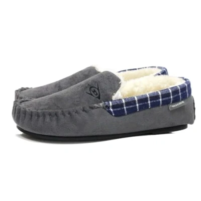 Image of DUNLOP Mens GEORGE Memory Foam Slippers Moccasin Loafers Faux Sheepskin Fur with Rubber Sole (Grey Multi, UK Footwear Size System, Adult, Men, Numeric, Medium, 8)