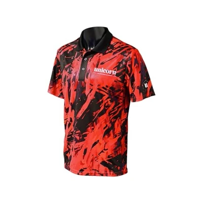 Image of Unicorn Darts Shirt Pro Tech Camo Cool Breathable Soft Feel Micro Mesh 3 Tuk Polyester Red with Black Collar &amp; White Logo XXXXL to fit Chest 53 56 inches
