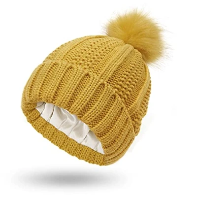 Image of Women Knitted Beanie with Satin Lining Pom Winter Warm Cap Bobble Hat (Yellow)