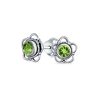 Image of Bali Style Tiny Flower Lime Green Peridot Gemstone Stud Earrings For Women Oxidized Sterling Silver August Birthstone