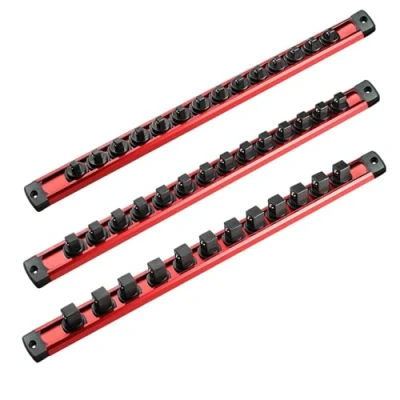Image of ACEBON Magnetic Socket Organizer Set, 3 Piece Aluminum Alloy Rail, Heavy Duty Holder, Rack Kit 1/4 Inch x 14 Clips, 3/8 1/2 12 Clips