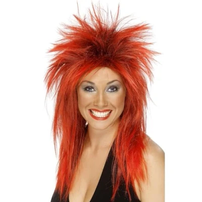 Image of Smiffys Rock Diva Wig, Red Long Mullet, 1980&#039;s Fancy Dress, Adult Dress Up Wigs