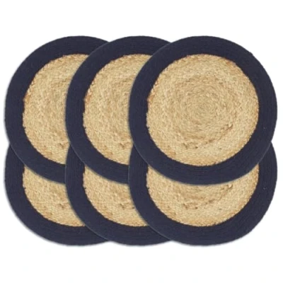 Image of vidaXL Handwoven Placemats Set of 6 Natural &amp; Navy Blue, 38 cm, Jute Cotton Fabric, Soft, Easy to Clean, Unique Design for Dining Room and Kitchen