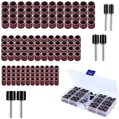 Image of 150 Pieces Drum Sander Set, Including 144 Nail Sanding Band Sleeves(80 / 120Grit) and 6 Mandrels for Dremel Rotary Tool