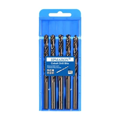 Image of HPMAISON True 5% Cobalt Jobber Drill Bit Set, 5Pcs 8mm M35 High Speed Steel Twist Bits, 135 Split Point Extremely Heat Resistant for Stainless Steel, Cast Iron, Hard Metal, Plastic, Wood