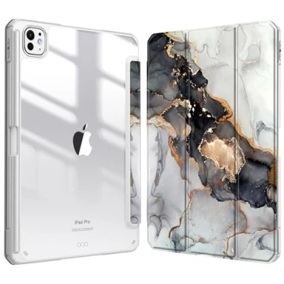 Image of FINTIE Hybrid Case Compatible with iPad Pro 11 inch (2024) M4, [Built in Pencil Holder] Shockproof Cover w/Clear Transparent Back Shell, Auto Wake/Sleep, Cloudy Marble
