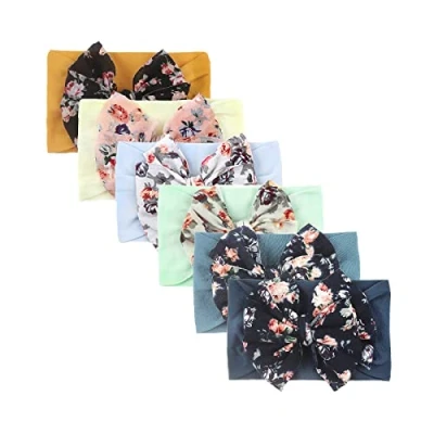 Image of Nishine 6 Pack Cute Toddler Baby Girls Elastic Soft Nylon Headwraps Infant Knot Bow Headband Turban (Navy Set 6pcs)
