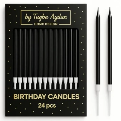 Image of by Tugba Aydan 24 Count Long Thin Black Birthday Candles, Metallic Cake Candle for Birthday, Party Candles