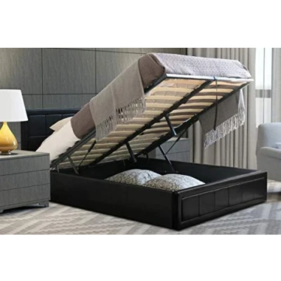 Image of Black Ottoman Leather Bed Frame With Gas Lift &amp; Under Storage (Single 3ft, No Mattress)