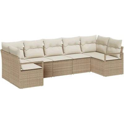 Image of vidaXL 7 Piece Garden Sofa Set with Cushions Beige Poly Rattan