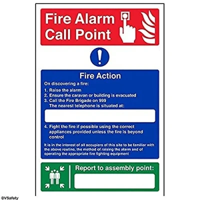 Image of VSafety Caravan Site Fire Action/Your Assembly Point Is: Sign Portrait 200mm x 300mm Self Adhesive Vinyl