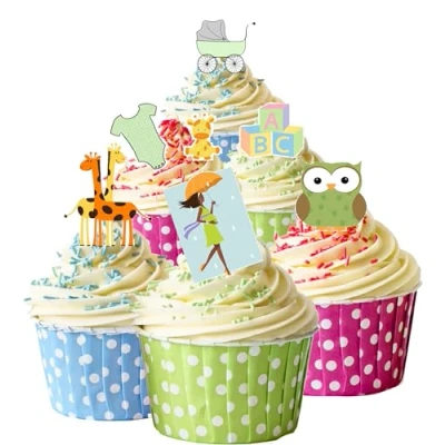 Image of 28 Stand Up Gorgeous Neutral Baby Shower Edible Wafer Paper Cake Toppers Decorations Suitable for a Boy or Girl