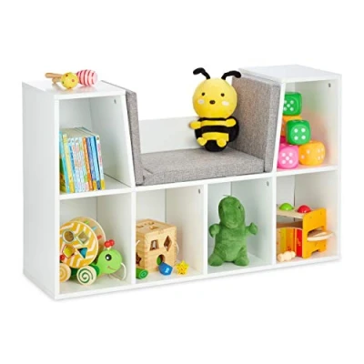 Image of Relaxdays Bookcase, with Seat Cushion, Book Shelf 6 Compartments, 63x103x30 cm, Bench for Children&#039;s Room, White