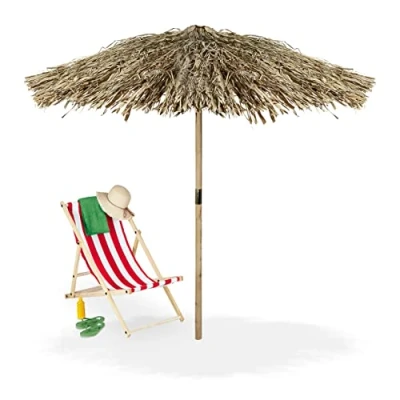 Image of Relaxdays Hawaii Parasol, Handmade, Beach Umbrella, Fir Wood &amp; Palm Leaf, Weatherproof, Folding, Extra Large, Natural, 250 x 238 cm