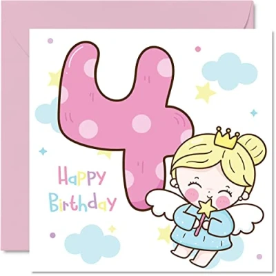 Image of 4th Birthday Card Girl Magical Fairy Happy 4 Year Old Girl, Girls Cards for Her, 145mm x Greeting Daughter Niece Granddaughter Kid Children