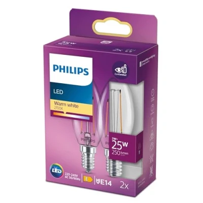 Image of Philips LED Premium Classic Clear B35 Candle Light Bulb 2 Pack [E14 Small Edison Screw] 2W 25W Equivalent, Warm White (2700K), Non Dimmable.
