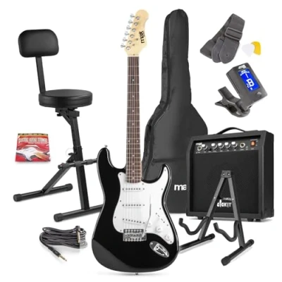 Image of Max GigKit Beginner Electric Guitar Kit in Black with 40W Amplifier, Comfortable GST15 Musician Stool &amp; GP20 Stand Complete Starter Pack Accessories Lessons