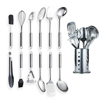 Image of Berglander Stainless Steel Kitchen Utensil 12 Piece with 1 Stand, Cooking Spoon, Tools Holder. (13 Pieces)