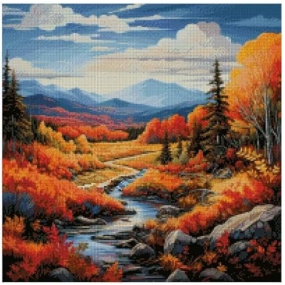 Image of Hills in Autumn,Splendid Fall Foliage View Counted Cross Stitch,14 Count 100% Cotton,200x200 Stitch, 36x 36cm,Cotton Landscape 14ct Stitch Kits