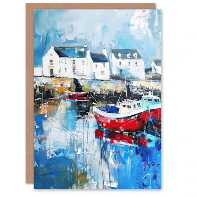 Image of Artery8 Greeting Card Boats Harbour Coastal Townscape Oil Painting Blank For Him Or Her Art Birthday