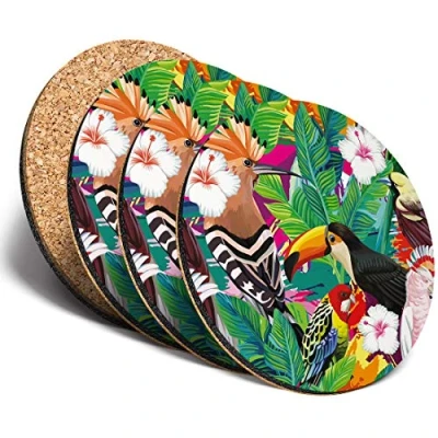 Image of Destination Vinyl ltd Great Coasters (Set of 4) Round Tropical Birds Exotic Animals Drink Glossy Coasters/Tabletop Protection for Any Table Type #8786