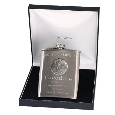 Image of 70th Birthday Engraved Hip Flask Golfer Feature in Gift Box