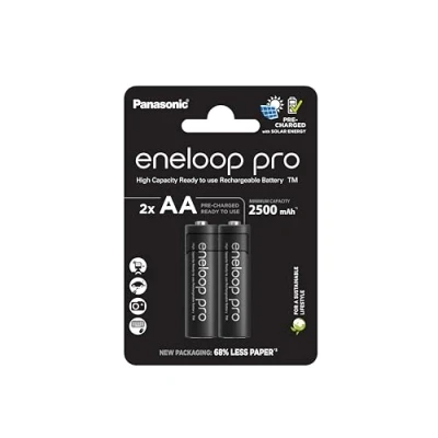 Image of eneloop Pro, AA/Mignon, Rechargeable Battery, Pack of 2, Capacity 2500 mAh, Ready to Use Ni MH Batteries, 500 Recharge Cycles, Plastic Free Packaging, Black