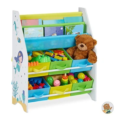 Image of Relaxdays Children&#039;s Shelf, Mermaid Motif, 6 Boxes, Compartments for Books, Storage, Bookshelf, 74x62x31.5 cm, Colourful, Engineered Wood