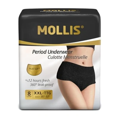 Image of Mollis Disposable Period Underwear for Women, 2XL Heavy Flow Protection, Leakproof Guard, Black, 8 Count
