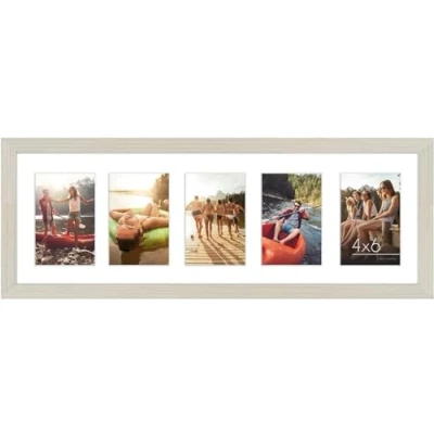 Image of Americanflat 8x24 Panoramic Picture Frame in Light Wood Five 6x4 Photo Openings Multi Aperture Collage with Horizontal and Vertical Format for Wall Tabletop