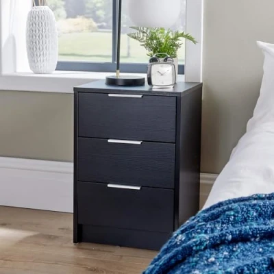 Image of Home Source Bedside Cabinet Nightstand, 3 Drawers, Black