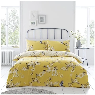Image of VELVETIO Luxury Birdie Blossom Floral Duvet Cover Sets with Matching Pillow cases, Reversible Printed Birds Flower Bedding Quilt, Soft Polycotton Botanical Bedlinen Set, King, Ochre