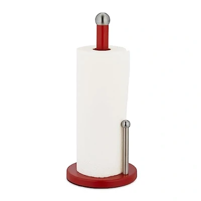 Image of Relaxdays Kitchen Roll Holder, Bamboo, Stainless Steel, Standing Paper Towel Rack with Stopper, HxØ: 35x15cm, Silver/Red, 35 x 15 cm