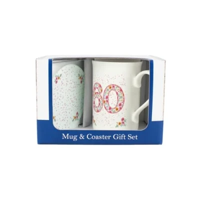 Image of Purely Home Pink Floral 60th Birthday Mug &amp; Coaster Gift Set Bone China and Glass Tea/Coffee Cup Present for Her
