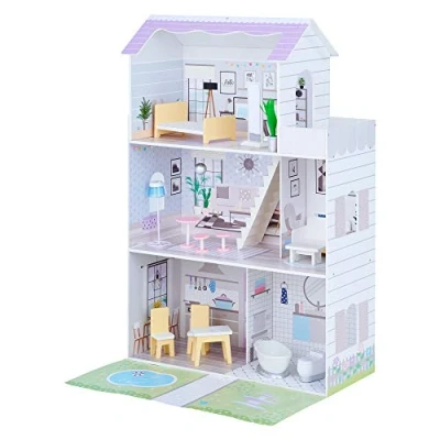 Image of Olivia’s Little World Giant Doll House with 16 Dolls Accessories, Wooden Furniture, 3 Storey, Kids Dollshouse for 12 Inch/30cm Dolls, Age Years+