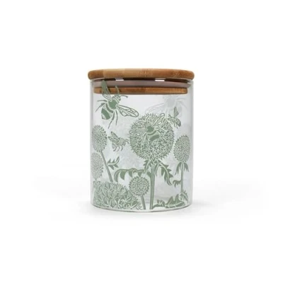 Image of Half Moon Bay Cover Blooms and Bees by Kate Heiss Woodland Green 25 Ounce Glass Food Storage Jar Container with Compressed Bamboo Lid