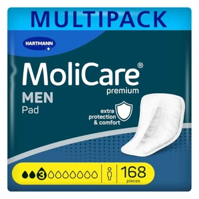 Image of MoliCare Men Pad 3 Drops Discreet Incontinence Pads for Men, Protection Light Leaks with Anti Leak Guards, Instant Dry Feeling, Advanced Skin Protection, 168 Pieces